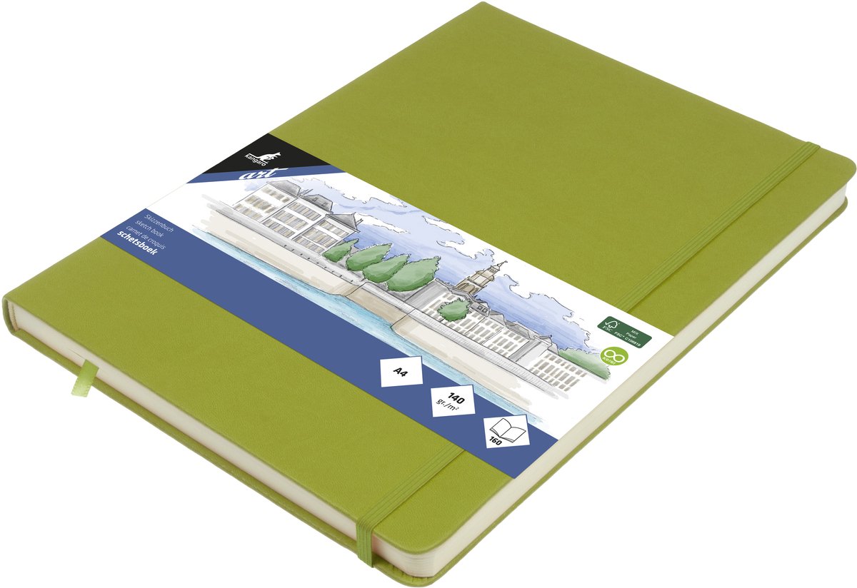 Carnet de croquis Kangaro a4 - vert citron - couverture rigide - avec élastique et ruban - k-861249