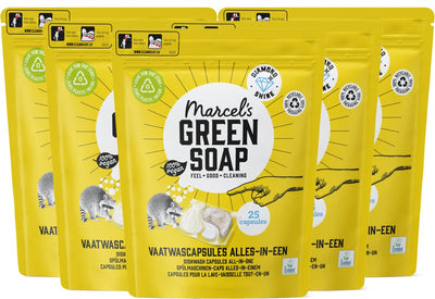 Capsules lave-vaisselle savon vert Marcel's - éco tout-en-un - 5 x 25 pièces - 125 lavages