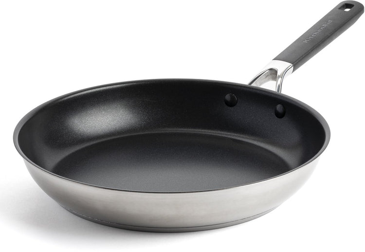 Poêle inox Kitchenaid 28 cm - revêtement antiadhésif sans PFA - poêle induction - poêle céramique - passe au four jusqu'à 160°c - poignées froides - argent
