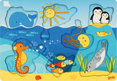 Puzzle Goki fond en bois animaux marins, 7 pcs.