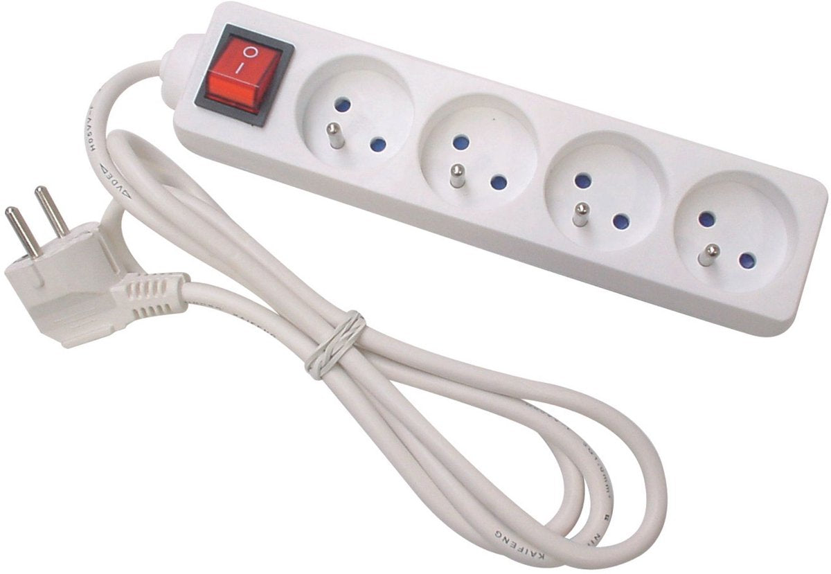 Multiprise Perel avec interrupteur, 4 prises avec broche terre (type e), câble 1,5 m, 3g1,5, usage intérieur, blanc