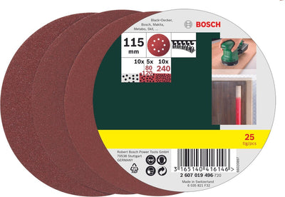 Jeu de feuilles abrasives Bosch 25 pièces pour ponceuses excentriques 115 mm - grain 80 ; 120 ; 240