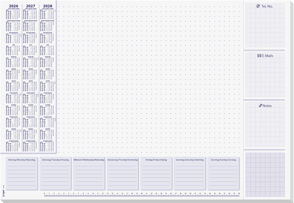 Sous-main Sigel - lilas - avec calendrier 2026 2027 2028 - format A2 - 30 feuilles déchirables - si-h6355
