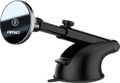 Support de téléphone magnétique Amio avec chargeur sans fil qi 15w et magsafe - bras réglable et ventouse noir