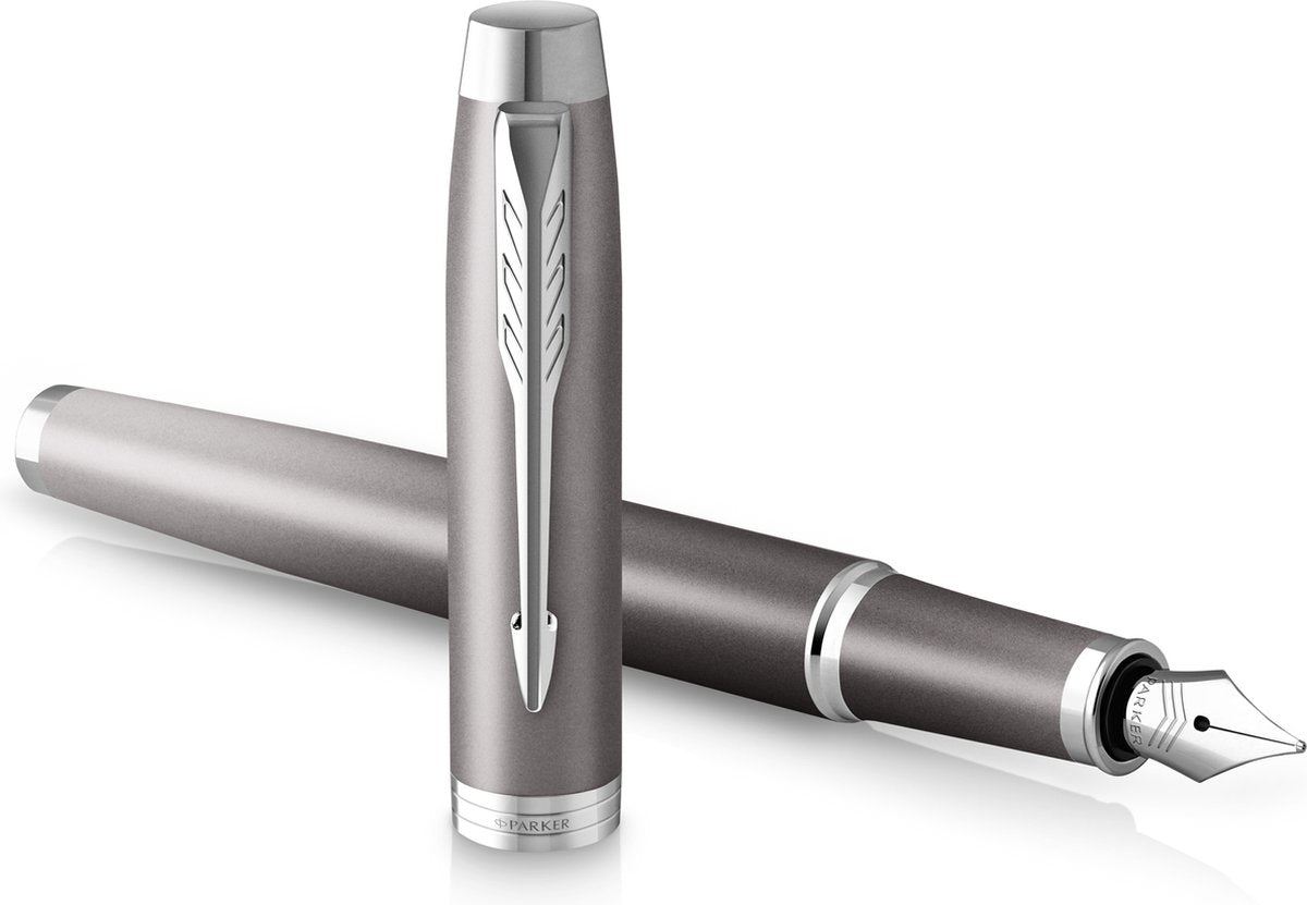 Parker j’écris un stylo plume de rituels | finition grise avec dégradé de couleurs et détails chromés | point fin | encre bleue | avec coffret cadeau