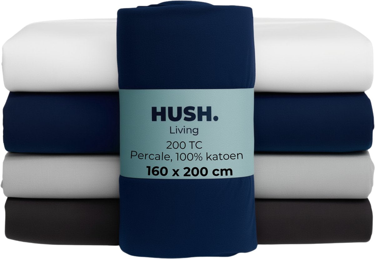 Faire taire. Living Hush Living Drap-housse en percale - 100 % coton - 200 fils - extra frais et frais - solide et durable - élastique tout autour - 160x200+30cm - marine