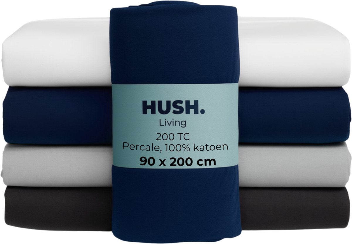 Faire taire. drap-housse Living Hush Living en percale - 100 % coton - 200 fils - extra frais et frais - solide et durable - élastique tout autour - 90x200+30cm - marine