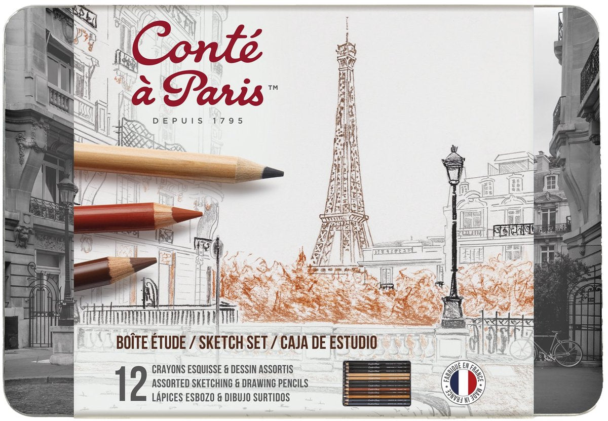 Conté à paris 2186 coffret de croquis 12 pièces | crayons à dessin et à croquis dans une boîte en métal - l'ensemble de croquis