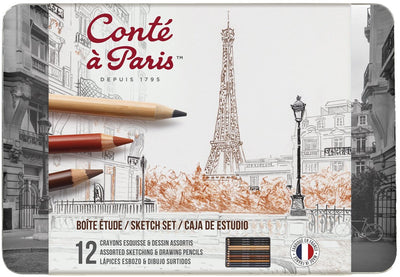 Conté à paris 2186 coffret de croquis 12 pièces | crayons à dessin et à croquis dans une boîte en métal - l'ensemble de croquis