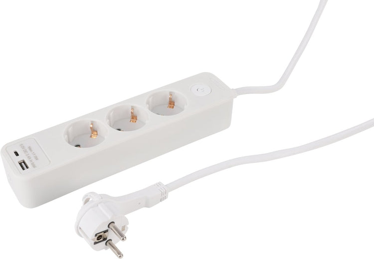 Multiprise Q-link - 3 prises - mise à la terre - avec fiche plate - USB A C - 3 x 1,5 mm² - 1,5 m - blanc