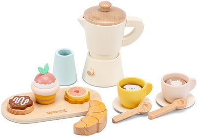 Woet ® service à café percolateur en bois - ensemble de 17 pièces comprenant des tasses, une planche de service, un croissant, un muffin et des biscuits - FSC - jouets de cuisine de jeu de rôle - magasin de jeux - jouets de barista - à partir de 3 ans