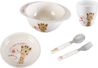 Coffret repas Sophie la girafe - vaisselle enfant - assiette enfant - gobelet - bol - couverts enfant - passe au lave-vaisselle - à partir de 6 mois - 5 pièces - beige rouge