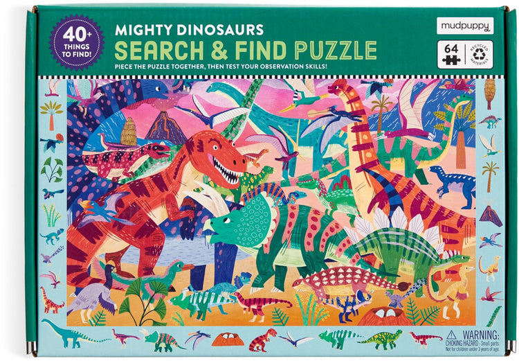 Puzzle d'objets cachés Mudpuppy - puissants dinosaures - 59x39cm - 64 pièces - 4 ans