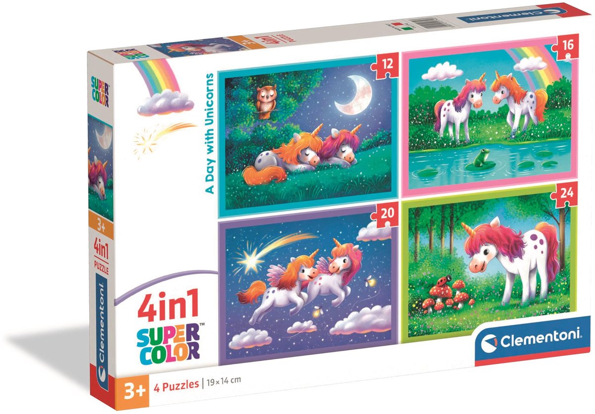Clementoni - puzzle enfant 4 en 1 - une journée avec les licornes - 12, 16, 20 et 24 pièces - à partir de 3 ans