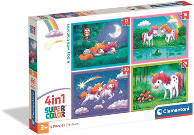 Clementoni - puzzle enfant 4 en 1 - une journée avec les licornes - 12, 16, 20 et 24 pièces - à partir de 3 ans