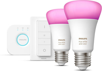 Pack de démarrage Philips Hue Source lumineuse E27 avec pont et variateur - ambiance blanche et couleur - 2 x 9w - Bluetooth
