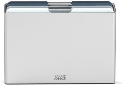 Joseph joseph folio™ ensemble de planches à découper 4 pièces – grande – bleu clair – code couleur – avec support de rangement – poignées en acier inoxydable
