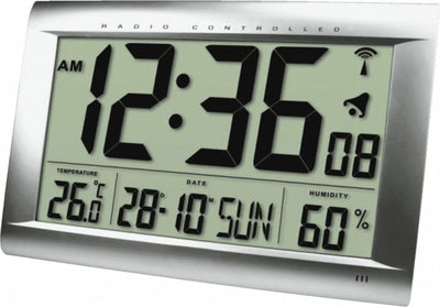 Technoline ws 8009 - horloge murale - horloge de table - rectangle - affichage de l'heure radio-piloté - 12 24h - affichage de la date - alarme - température intérieure - humidité - argenté - 407 x 43 x 270 m