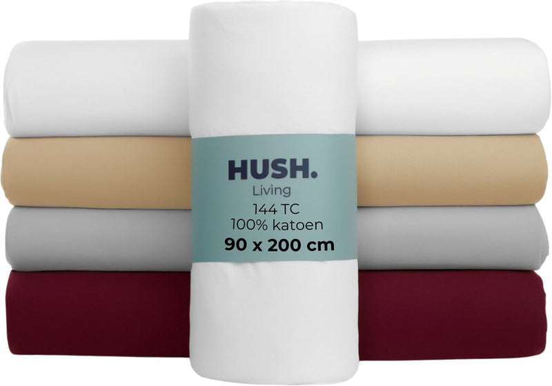 Faire taire. Living Hush Living Drap-housse 100% coton, 144 fils, flexible et respirant - élastique tout autour - 90x200+30cm - blanc