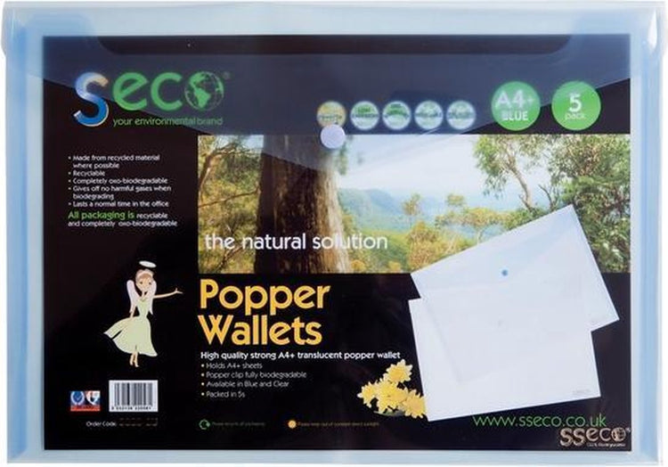 Dossier enveloppe Seco - a4+ - bleu - pp 180 microns - 5 pièces - bouton poussoir - respectueux de l'environnement - se-3035-bu