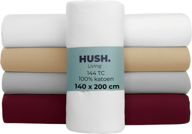 Faire taire. Living Hush Living Drap-housse 100% coton, 144 fils, flexible et respirant - élastique tout autour - 140x200+30cm - blanc
