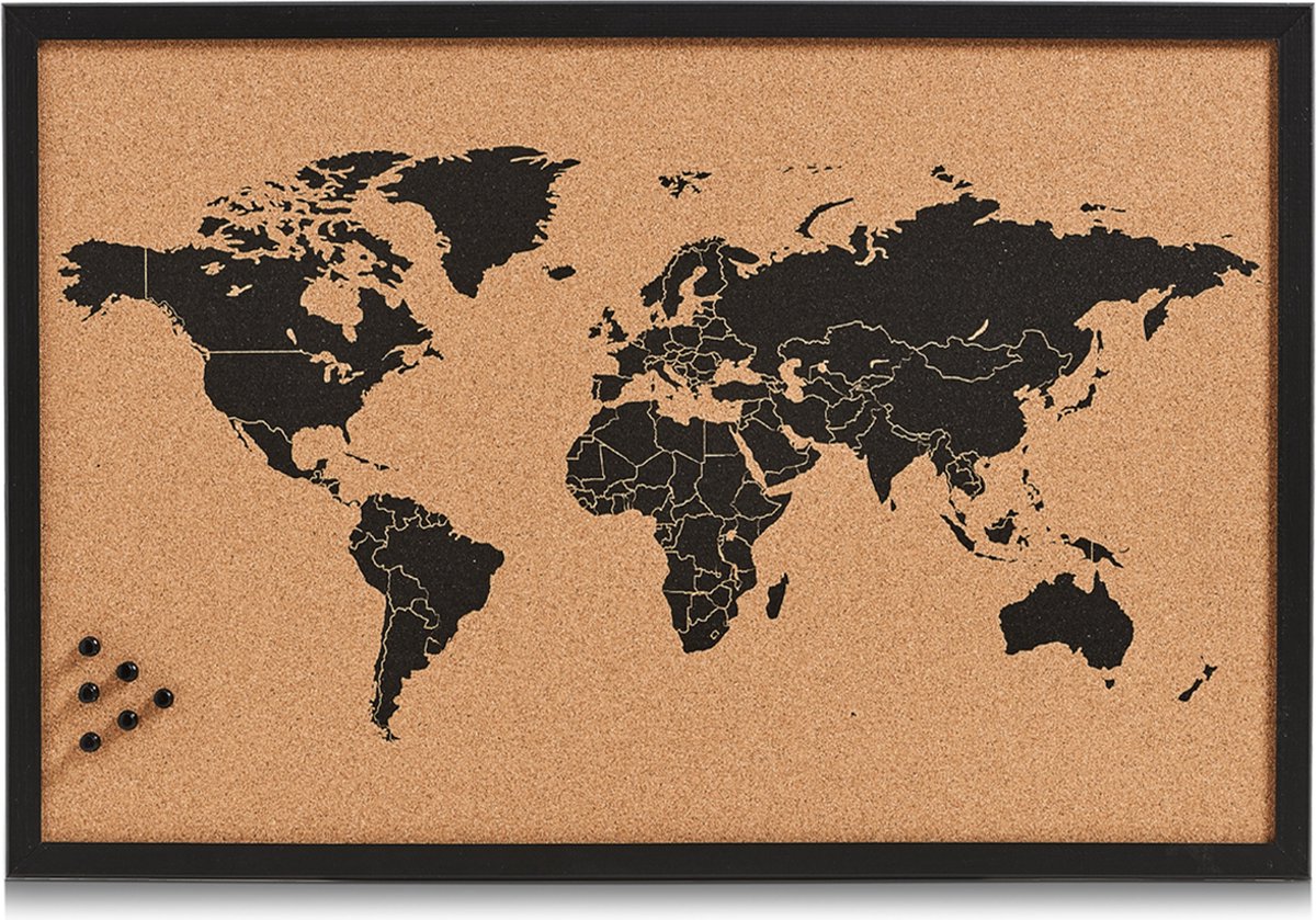 Zeller tableau à épingles carte du monde - noir - 60 x 40 cm - bois de liège - tableau mémo