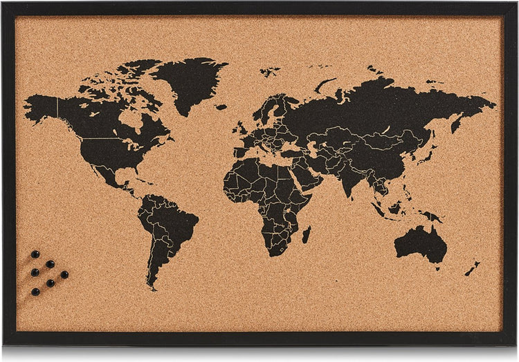 Zeller tableau à épingles carte du monde - noir - 60 x 40 cm - bois de liège - tableau mémo