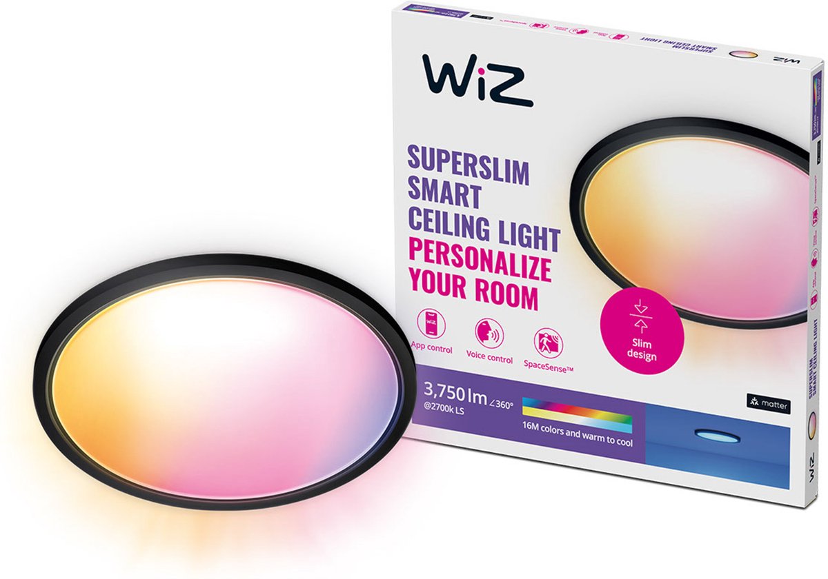 Plafonnier Wiz super slim - diamètre : 56 cm - lumière colorée et blanche - éclairage LED intelligent - LED intégrée - 32w - noir - wi-fi