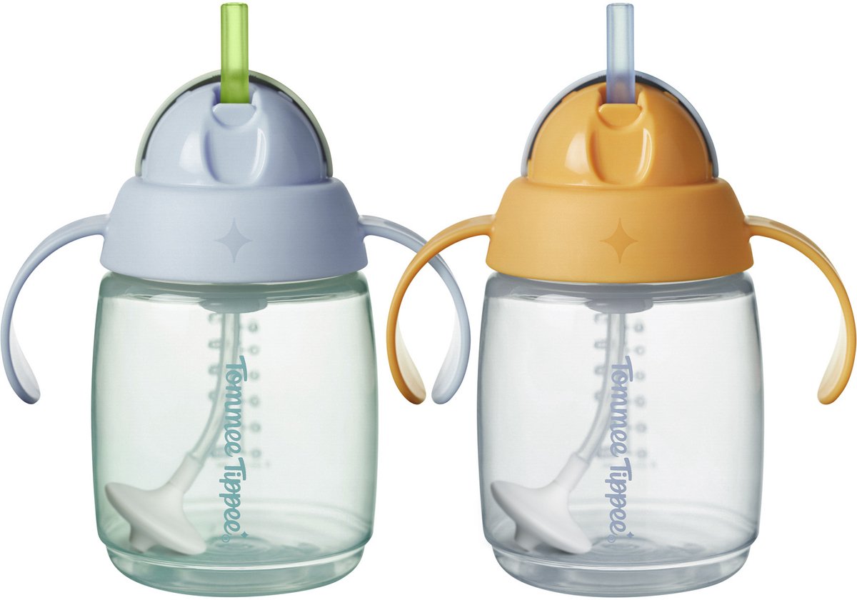 Gobelet avec paille Tommee tippee - 2 pièces - 240 ml - avec poignées et paille lestée en silicone - pour les tout-petits à partir de 6 mois - bleu et orange