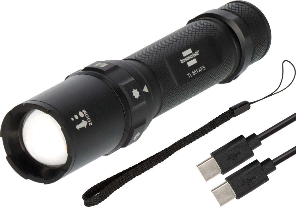 Lampe de poche LED rechargeable Brennerstuhl TL 801 AFS IP44 (800 lm, portée lumineuse de 230 m, focalisable, max. 42 heures, 6 modes avec stroboscope SOS, lampes IP44 pour l'extérieur avec câble de chargement USB C)