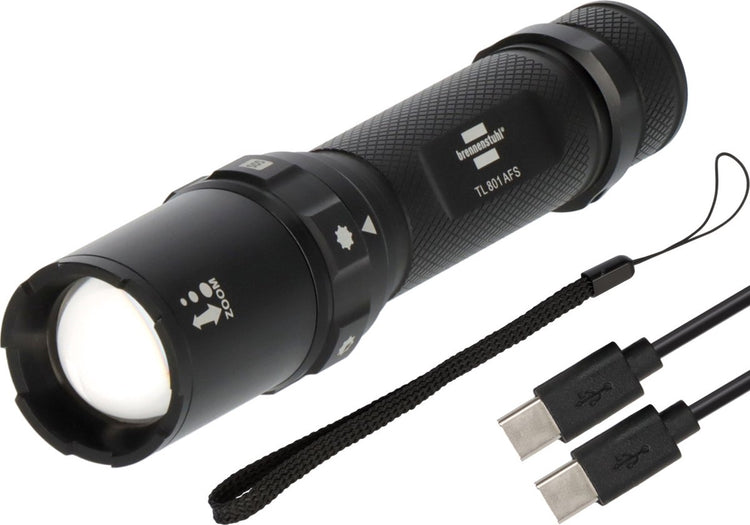 Lampe de poche LED rechargeable Brennerstuhl TL 801 AFS IP44 (800 lm, portée lumineuse de 230 m, focalisable, max. 42 heures, 6 modes avec stroboscope SOS, lampes IP44 pour l'extérieur avec câble de chargement USB C)