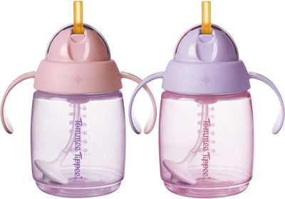 Gobelet avec paille Tommee tippee - 2 pièces - 240 ml - avec poignées et paille lestée en silicone - pour les tout-petits à partir de 6 mois - rose et violet
