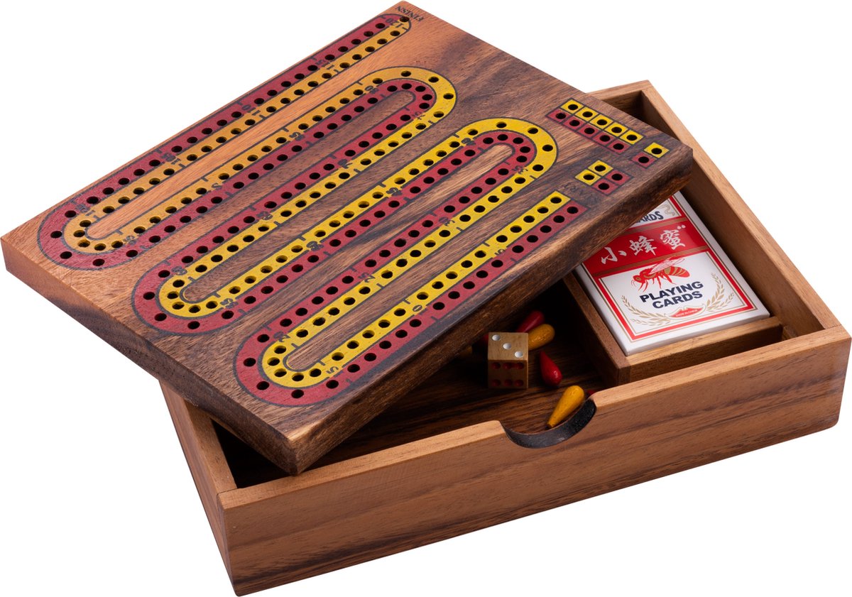 Cribbage Engelhart – jeu de cartes en bois avec plateau – bois d'acacia – 52 quilles de cartes – jeu classique –