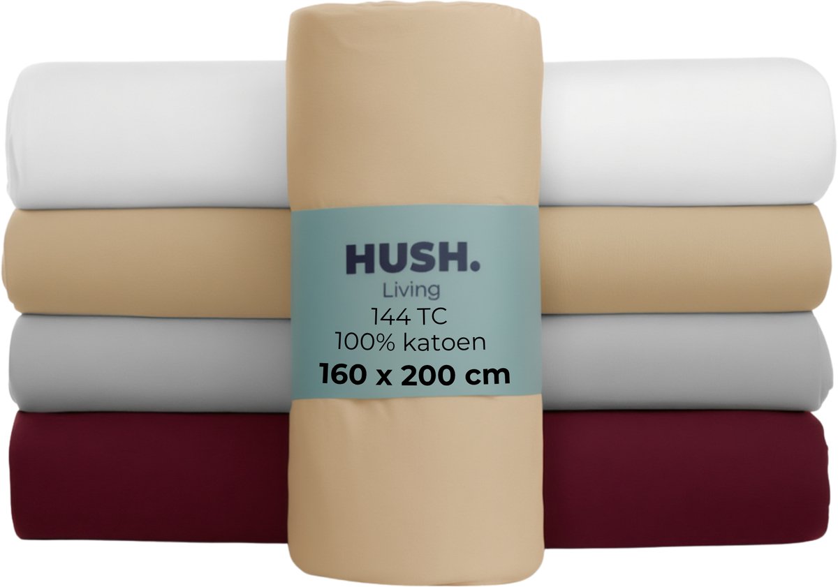 Faire taire. Living Hush Living Drap-housse 100% coton, 144 fils, souple et respirant - élastique tout autour - 160x200+30cm - sable