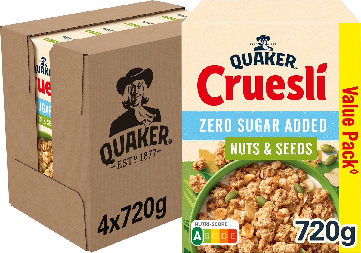 Quaker cruesli graines de noix sans sucre ajouté - céréales pour petit déjeuner - 4 x 720 grammes