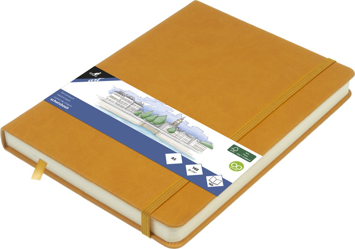 Carnet de croquis Kangaro - a5 - jaune ocre - couverture rigide en pu - avec élastique et ruban - k-861221