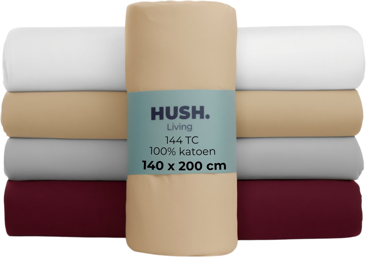 Faire taire. Living Hush Living Drap-housse 100% coton, 144 fils, souple et respirant - élastique tout autour - 140x200+30cm - sable