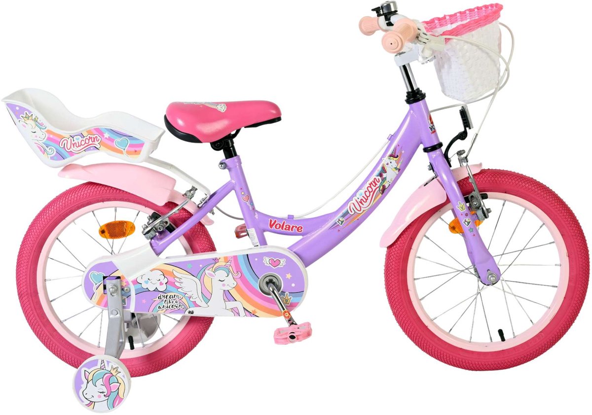 Vélo enfant Volare licorne - filles - 16 pouces - violet - deux freins à main