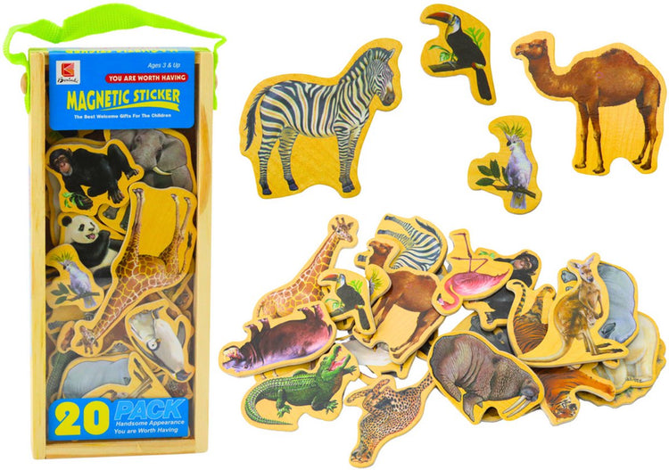 Lean Toys Ensemble d'aimants animaux en bois - 20 pièces aimants animaux en bois - jouets éducatifs - zoo magnétique - autocollant magnétique - autocollant réfrigérateur - autocollant tableau magnétique - jouets - aimant chambre d'enfant