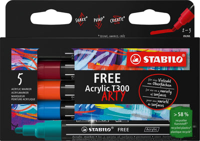 Stabilo free acrylique - marqueur acrylique - set urbain t300 - pointe ronde 2-3 mm - étui de 5 couleurs