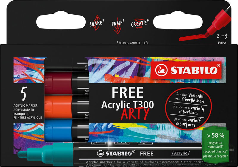 Stabilo free acrylique - marqueur acrylique - set urbain t300 - pointe ronde 2-3 mm - étui de 5 couleurs