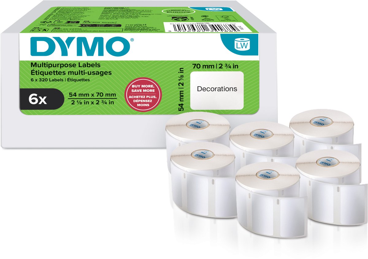 Étiquettes d'étiqueteuses multifonctions originales Dymo | 54 mm x 70 mm | 6 avec 320 étiquettes chacune (1 920 étiquettes autocollantes) | pour les imprimantes d'étiquettes étiqueteuses | fabriqué en europe