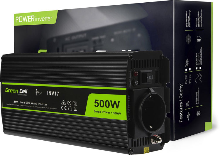 Onduleur de voiture à tension de cellule verte 24 V à 230 V, onde sinusoïdale pure 500 W.