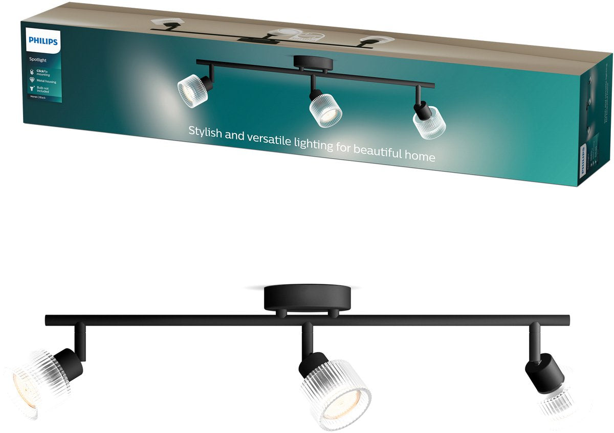 Spot en saillie Philips Hear - culot LED Gu10 - orientable - 3 points lumineux - clickfix - noir avec verre nervuré
