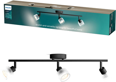 Spot en saillie Philips Hear - culot LED Gu10 - orientable - 3 points lumineux - clickfix - noir avec verre nervuré