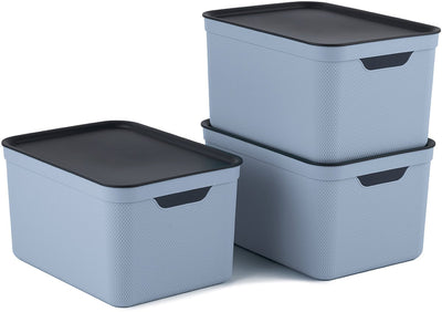 Rotho jive boîtes de rangement lot de 3 boîtes de rangement 16 l avec couvercle, plastique (pp recyclé), bleu anthracite, 3 x 16 l (37,5 x 27,8 x 29,8 cm)