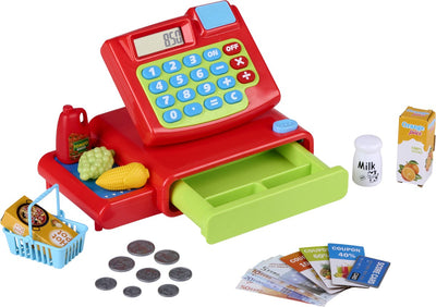Eddy Toys Caisse enregistreuse jouet 25 pièces - Caisse enregistreuse jouet avec son et calculatrice - Caisse enregistreuse pour enfants avec argent fictif et cartes - Jouet de caisse enregistreuse pour magasin
