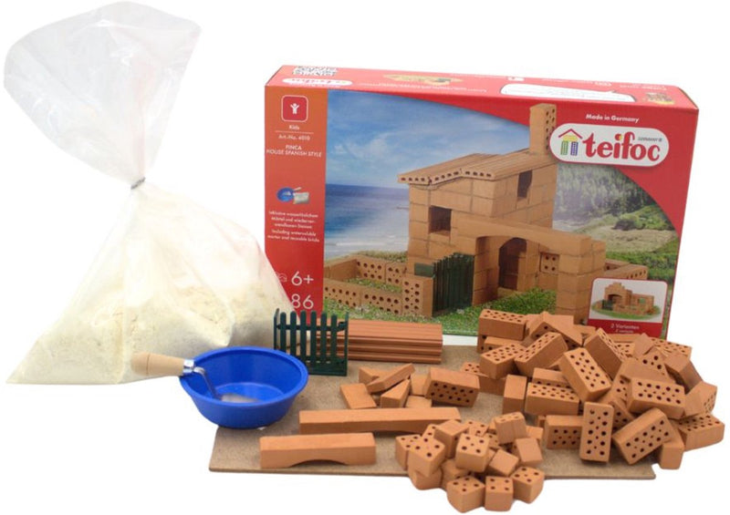 Coffret de construction Teifoc ® - Jeu de construction maison finca - 86 pièces - Véritables mini briques avec ciment, bol et truelle - Kit de construction pour enfants à partir de 6 ans
