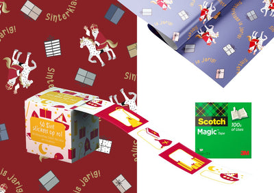 Paquet d'emballage Haza Sinterklaas - 4 rouleaux de papier d'emballage - ruban adhésif - boîte d'étiquettes autocollantes