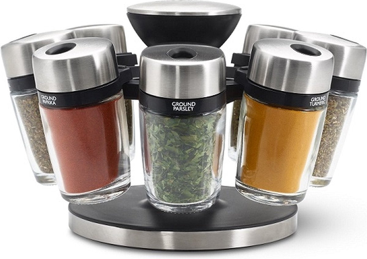 Étagère à épices Cole Mason Cambridge - Ensemble 8 pièces - compacte - bocaux en verre - aspect acier inoxydable - cuisine organisée